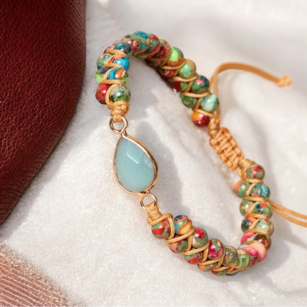 Natural Rainbow Jasper Beaded Bracelet With Water Drop Adjustable Bracelet